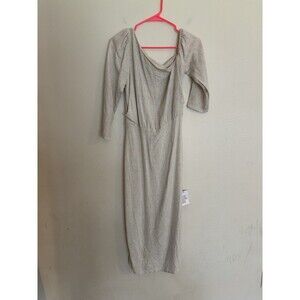 New ASOS Woman's 6 Linen Dress Beigh Tan Midi Off Shoulder Asymmetrical Sleeve